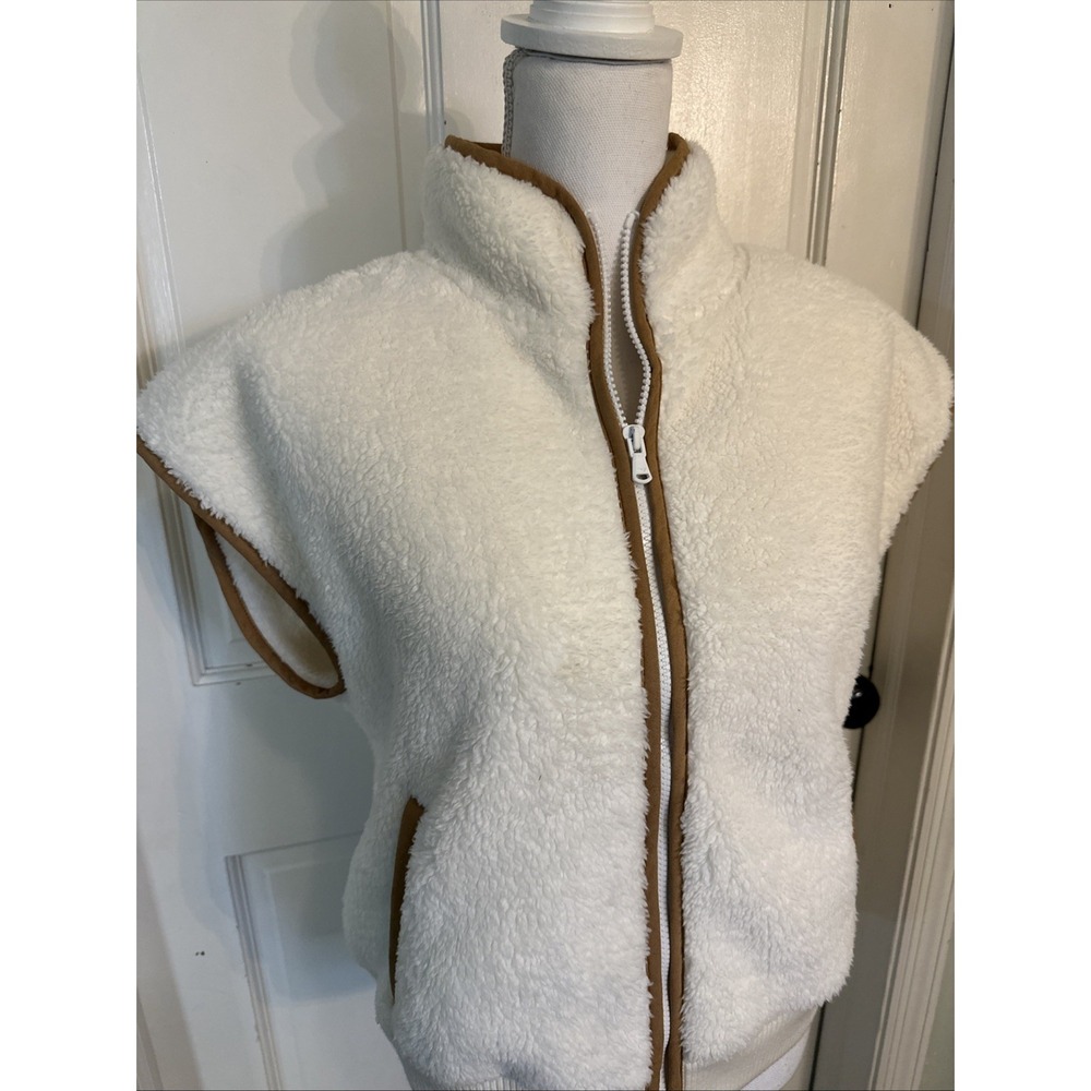 Vineyard Vines Full Zip Cream Plush Vest Brown Trim Wool Ribbed Pockets Sz Small - Picture 5 of 13